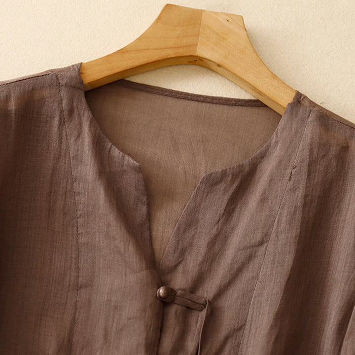 Chemise cardigan décontractée en coton et lin à manches mi-cloches et col en V pour femme avec Buddha Stones