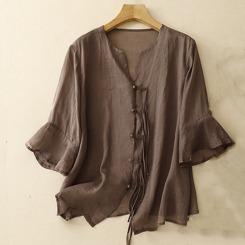 Chemise cardigan décontractée en coton et lin à manches mi-cloches et col en V pour femme avec Buddha Stones