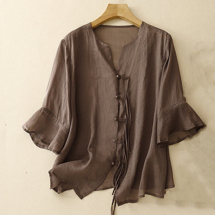 Chemise cardigan décontractée en coton et lin à manches mi-cloches et col en V pour femme avec Buddha Stones