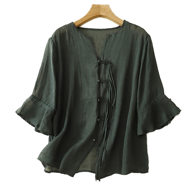 Chemise cardigan décontractée en coton et lin à manches mi-cloches et col en V pour femme avec Buddha Stones