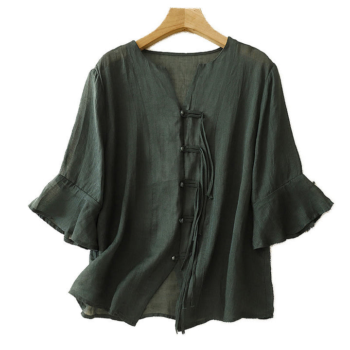 Chemise cardigan décontractée en coton et lin à manches mi-cloches et col en V pour femme avec Buddha Stones