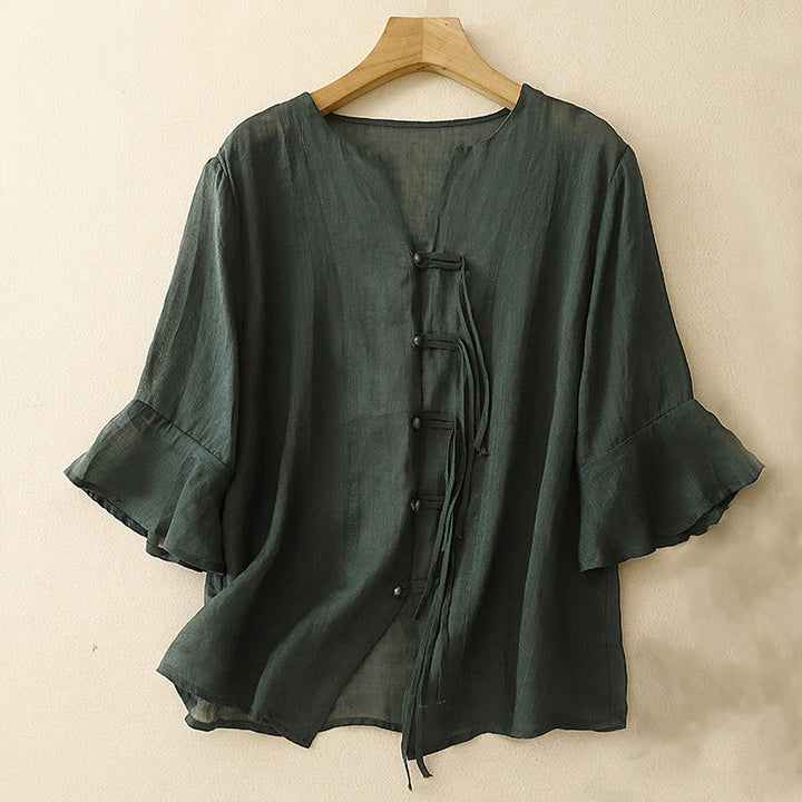 Chemise cardigan décontractée en coton et lin à manches mi-cloches et col en V pour femme avec Buddha Stones