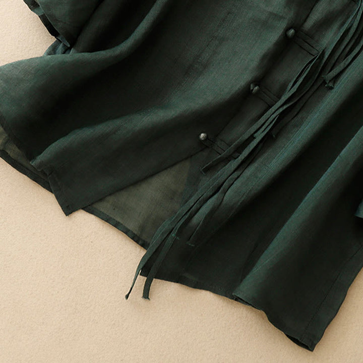 Chemise cardigan décontractée en coton et lin à manches mi-cloches et col en V pour femme avec Buddha Stones