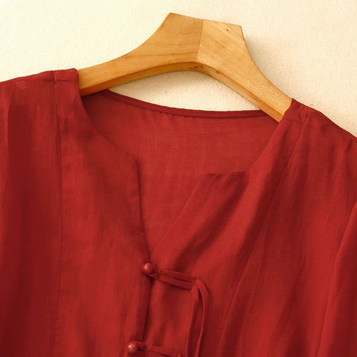 Chemise cardigan décontractée en coton et lin à manches mi-cloches et col en V pour femme avec Buddha Stones