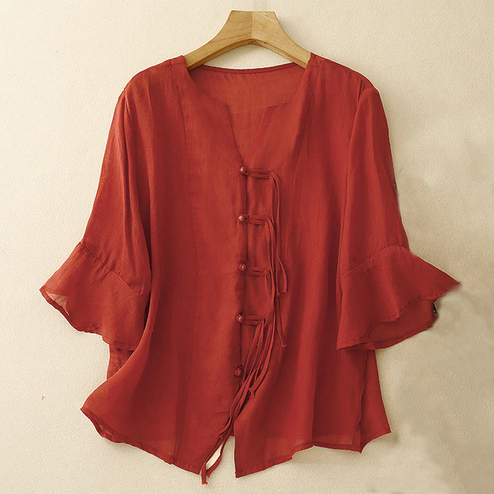 Chemise cardigan décontractée en coton et lin à manches mi-cloches et col en V pour femme avec Buddha Stones