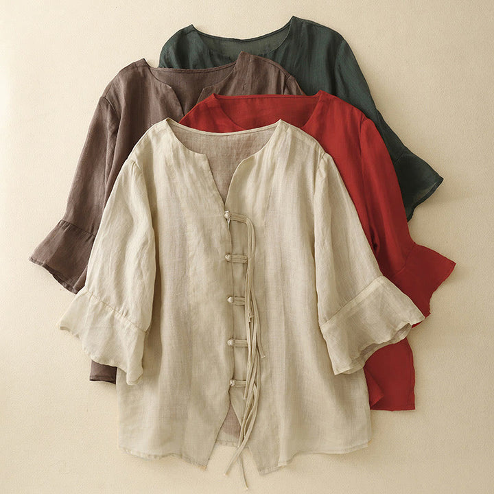 Chemise cardigan décontractée en coton et lin à manches mi-cloches et col en V pour femme avec Buddha Stones