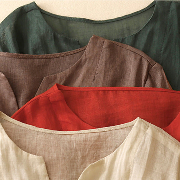 Chemise cardigan décontractée en coton et lin à manches mi-cloches et col en V pour femme avec Buddha Stones