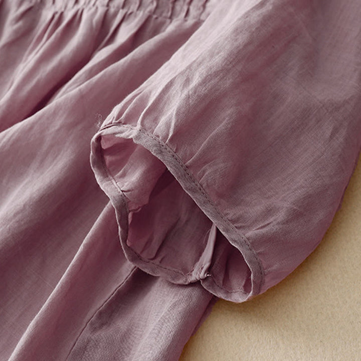 Chemise décontractée en coton et lin à manches courtes et col en V pour femme Buddha Stones