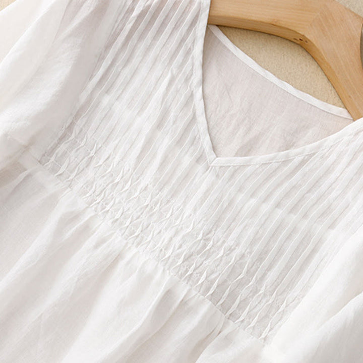 Chemise décontractée en coton et lin à manches courtes et col en V pour femme Buddha Stones