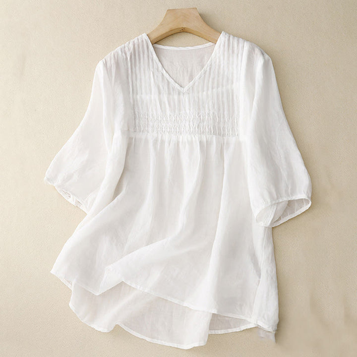 Chemise à manches courtes et col en V pour femme, style décontracté uni, Buddha Stones - Blanc - US12，UK/AU16，EU44 (2XL) - image 10