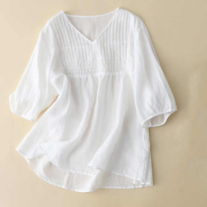 Chemise à manches courtes et col en V pour femme, style décontracté uni, Buddha Stones - image 11