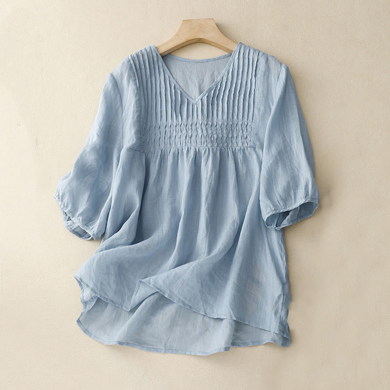 Chemise décontractée en coton et lin à manches courtes et col en V pour femme Buddha Stones