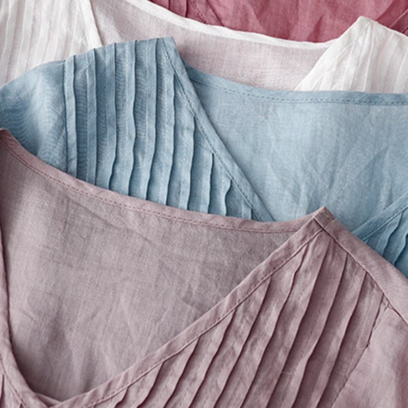 Chemise décontractée en coton et lin à manches courtes et col en V pour femme Buddha Stones
