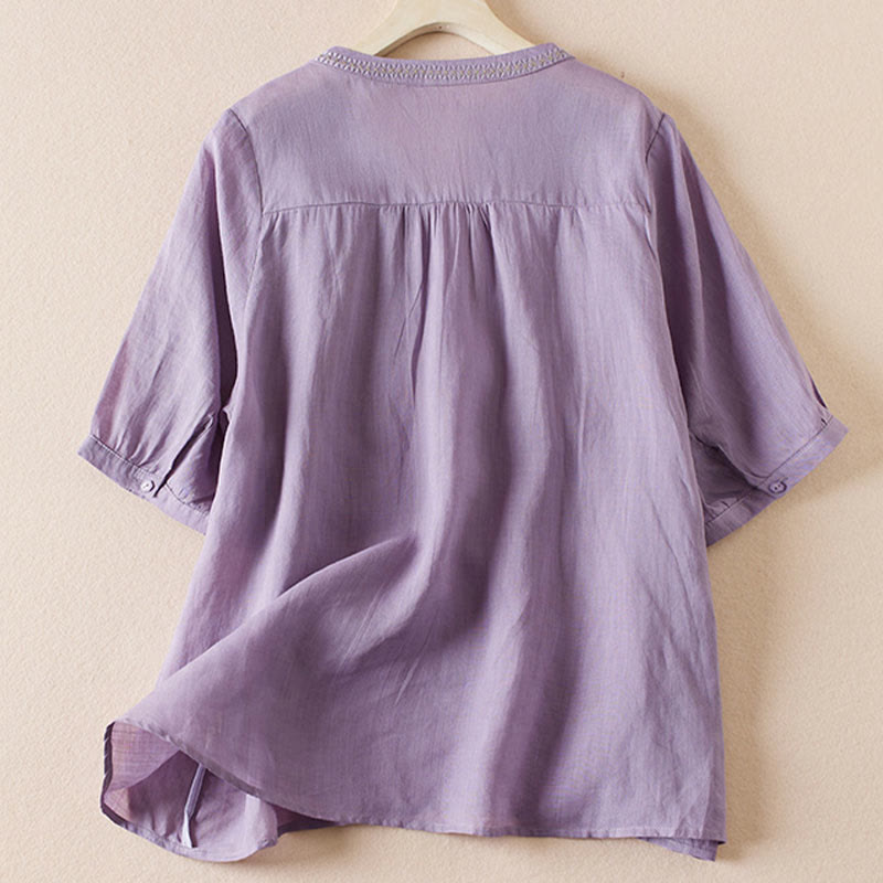 Chemise décontractée à manches courtes et col en V pour femme avec broderies de Buddha Stones et plantes