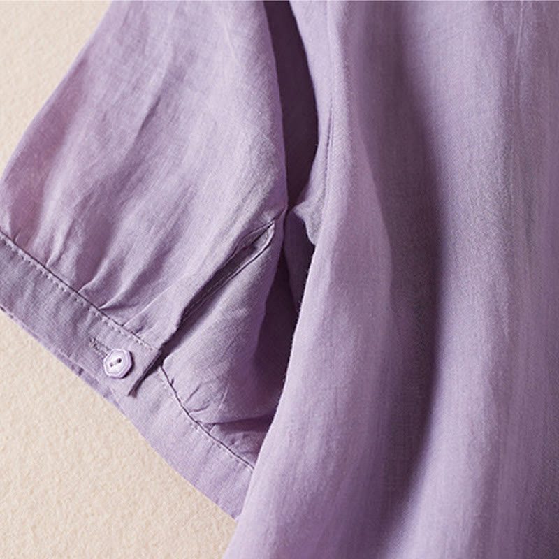 Chemise décontractée à manches courtes et col en V pour femme avec broderies de Buddha Stones et plantes