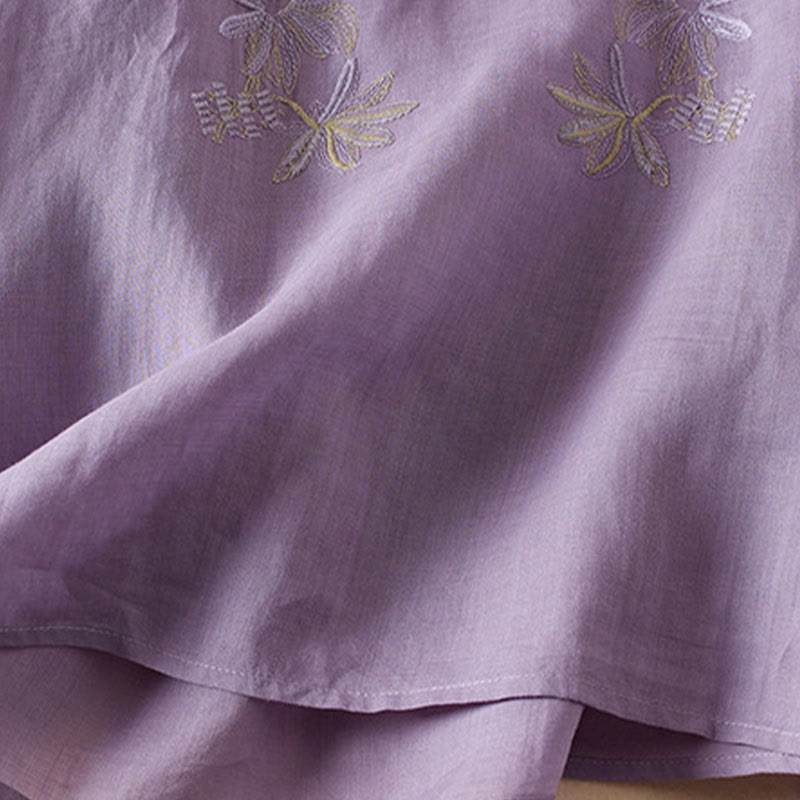 Chemise décontractée à manches courtes et col en V pour femme avec broderies de Buddha Stones et plantes