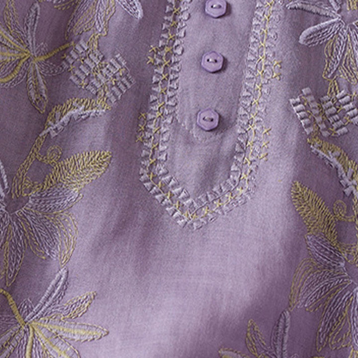 Chemise décontractée à manches courtes et col en V pour femme avec broderies de Buddha Stones et plantes