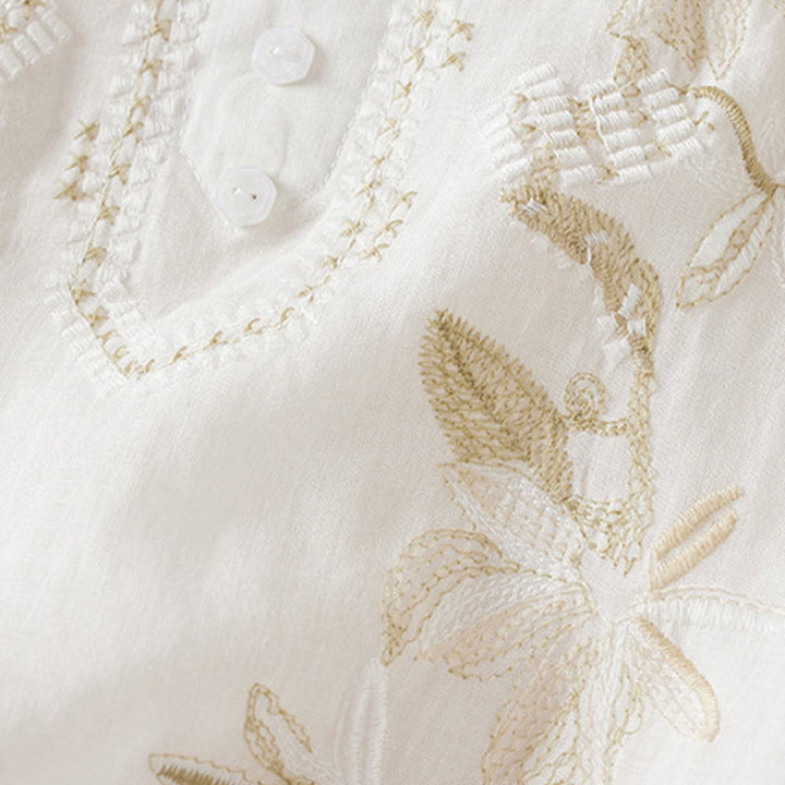 Chemise décontractée à manches courtes et col en V pour femme avec broderies de Buddha Stones et plantes