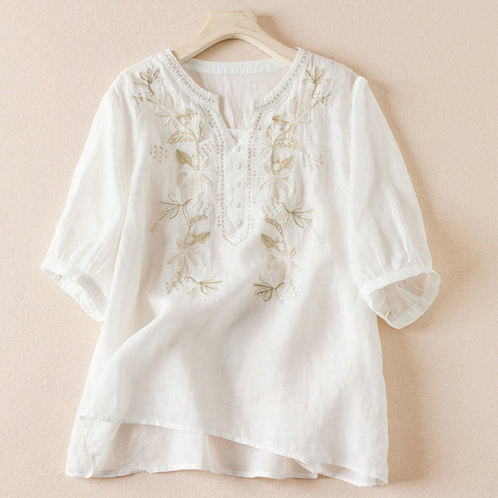 Chemise décontractée à manches courtes et col en V pour femme avec broderies de Buddha Stones et plantes