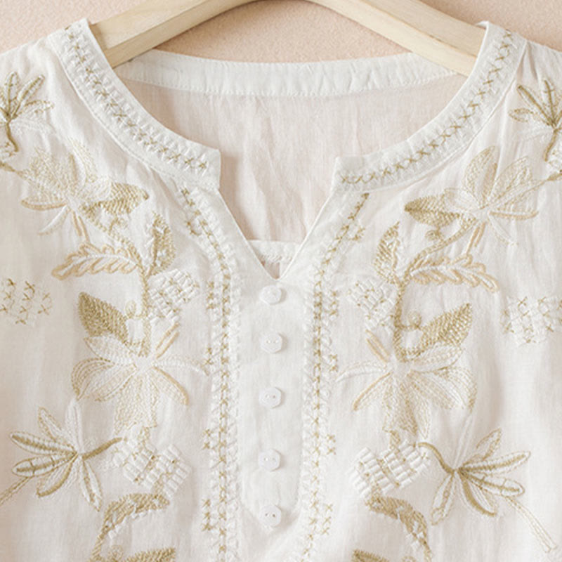Chemise décontractée à manches courtes et col en V pour femme avec broderies de Buddha Stones et plantes