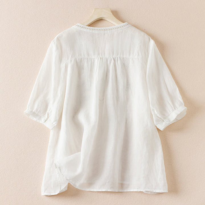 Chemise décontractée à manches courtes et col en V pour femme avec broderies de Buddha Stones et plantes - image 9