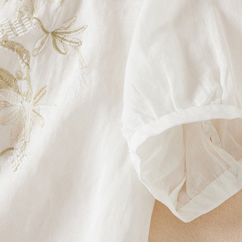 Chemise décontractée à manches courtes et col en V pour femme avec broderies de Buddha Stones et plantes - image 13