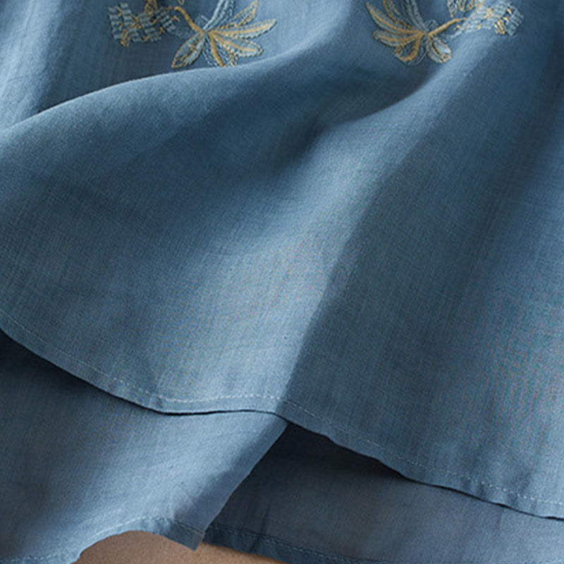 Chemise décontractée à manches courtes et col en V pour femme avec broderies de Buddha Stones et plantes