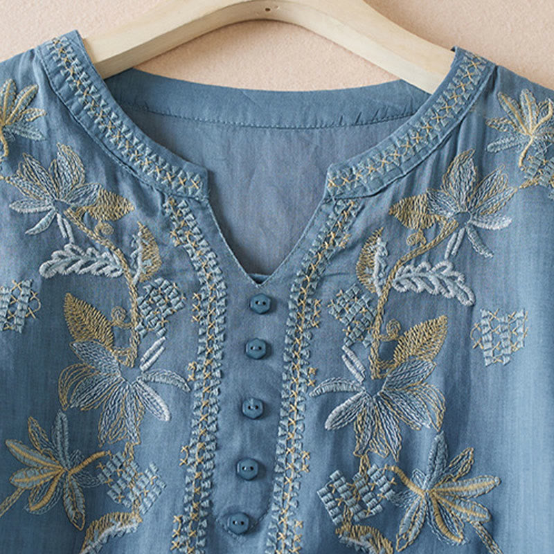 Chemise décontractée à manches courtes et col en V pour femme avec broderies de Buddha Stones et plantes