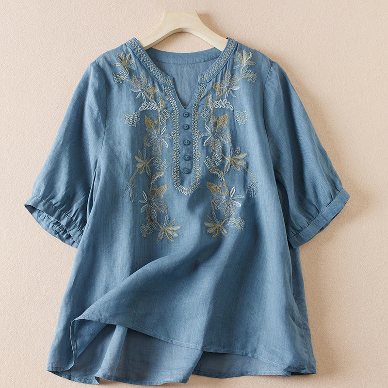 Chemise décontractée à manches courtes et col en V pour femme avec broderies de Buddha Stones et plantes - SteelBlue - US8-10，UK/AU12-14，EU40-42 (2XL) - image 15