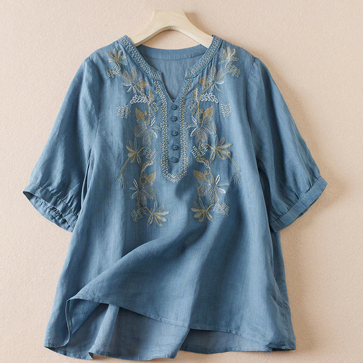 Chemise décontractée à manches courtes et col en V pour femme avec broderies de Buddha Stones et plantes - SteelBlue - US8-10，UK/AU12-14，EU40-42 (2XL) - image 15