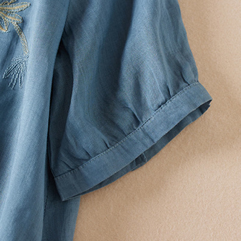 Chemise décontractée à manches courtes et col en V pour femme avec broderies de Buddha Stones et plantes