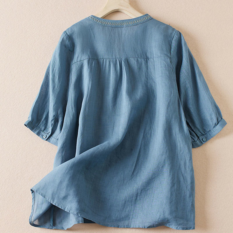 Chemise décontractée à manches courtes et col en V pour femme avec broderies de Buddha Stones et plantes - image 16