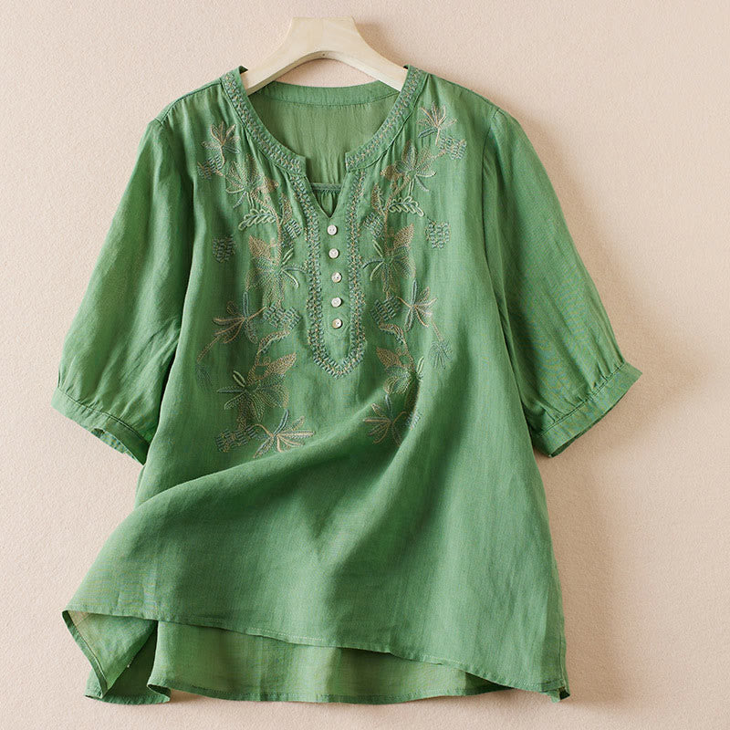 Chemise décontractée à manches courtes et col en V pour femme avec broderies de Buddha Stones et plantes