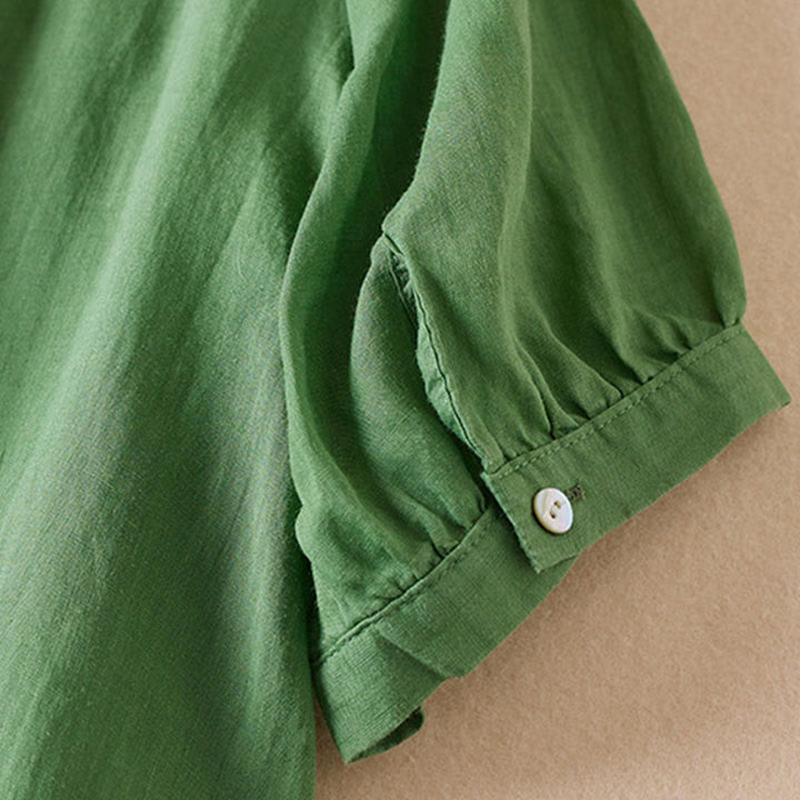 Chemise décontractée à manches courtes et col en V pour femme avec broderies de Buddha Stones et plantes