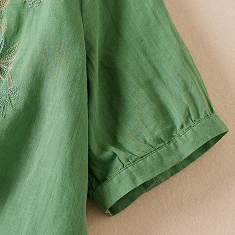 Chemise décontractée à manches courtes et col en V pour femme avec broderies de Buddha Stones et plantes