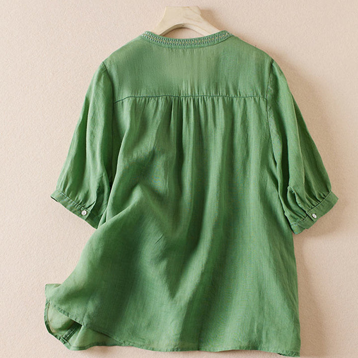 Chemise décontractée à manches courtes et col en V pour femme avec broderies de Buddha Stones et plantes - image 23