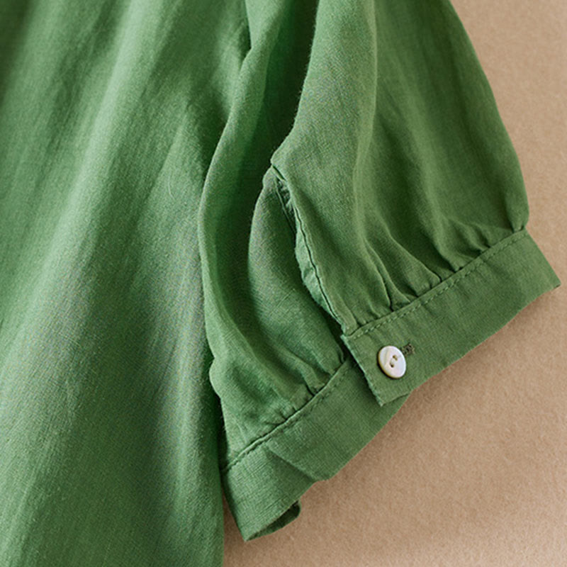 Chemise décontractée à manches courtes et col en V pour femme avec broderies de Buddha Stones et plantes - image 25