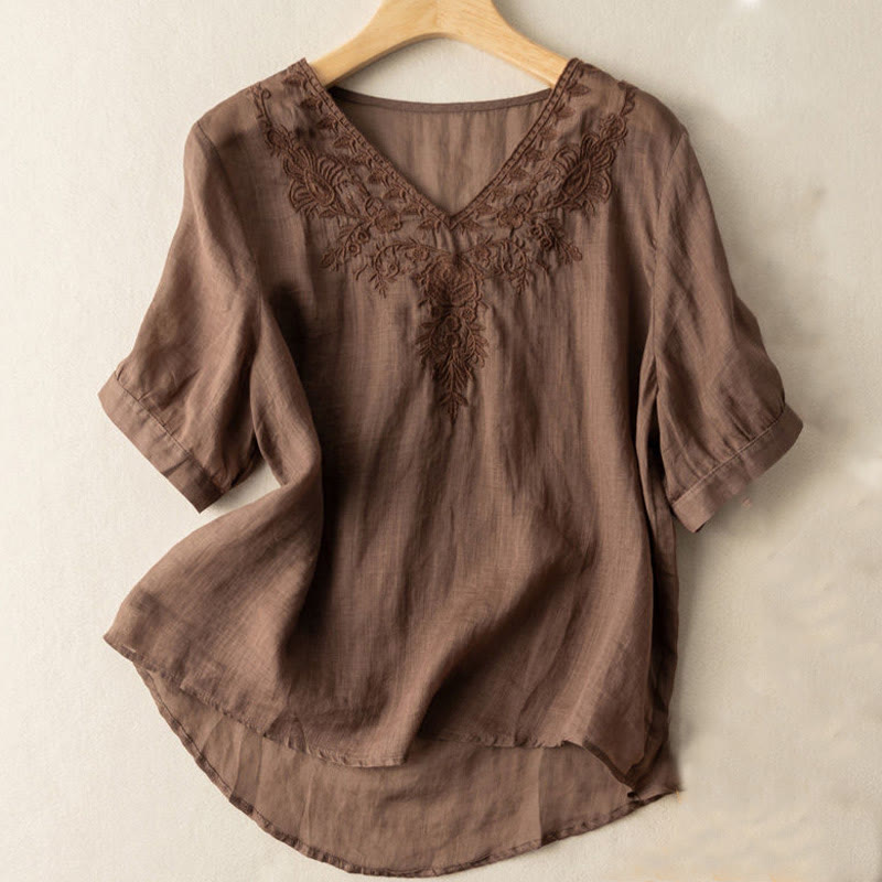 Chemise décontractée en coton à manches mi-longues et col en V pour femme avec broderie florale et Buddha Stones - SaddleBrown - US12，UK/AU16，EU44 (3XL) - image 0