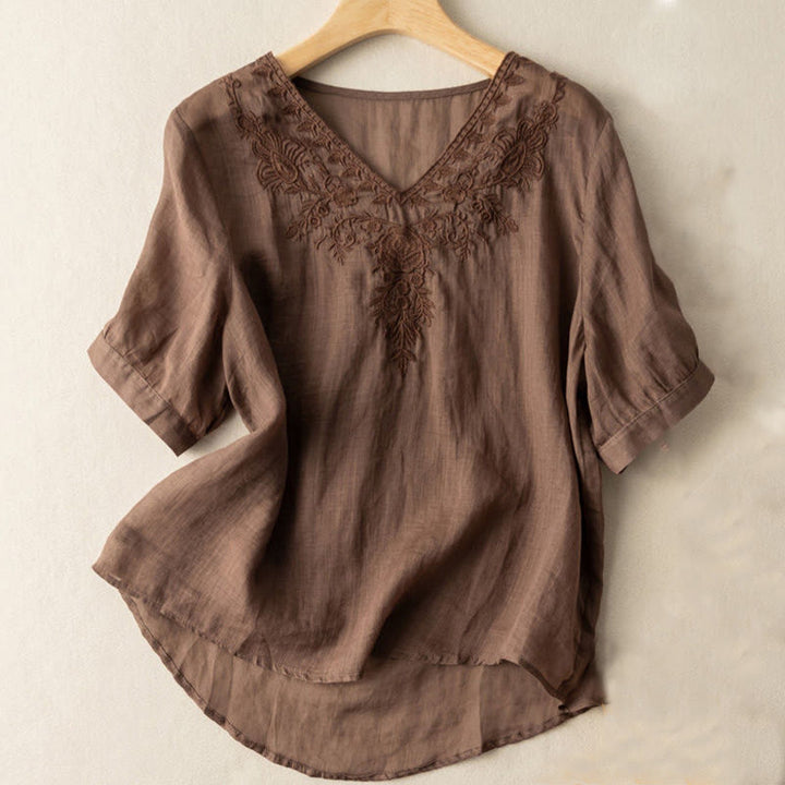 Chemise décontractée en coton à manches mi-longues et col en V pour femme avec broderie florale et Buddha Stones - SaddleBrown - US12，UK/AU16，EU44 (3XL) - image 0