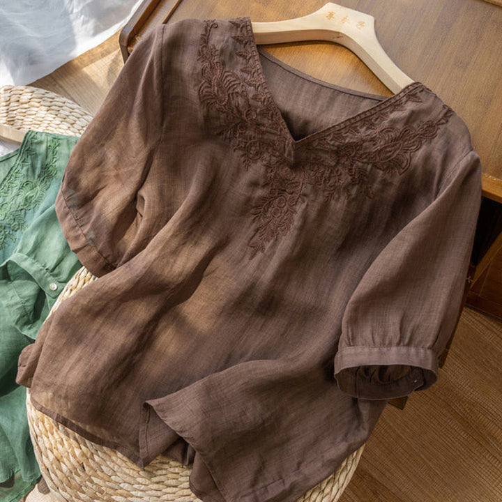 Chemise décontractée en coton à manches mi-longues et col en V pour femme avec broderie florale et Buddha Stones