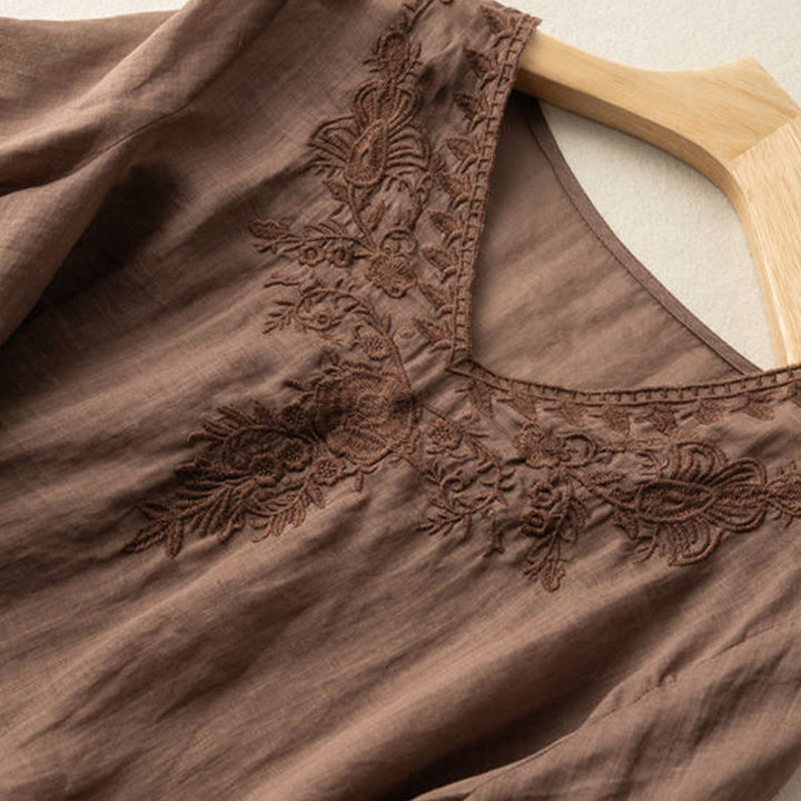 Chemise décontractée en coton à manches mi-longues et col en V pour femme avec broderie florale et Buddha Stones