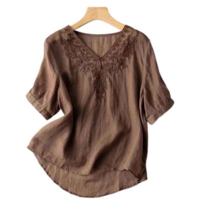 Chemise décontractée en coton à manches mi-longues et col en V pour femme avec broderie florale et Buddha Stones