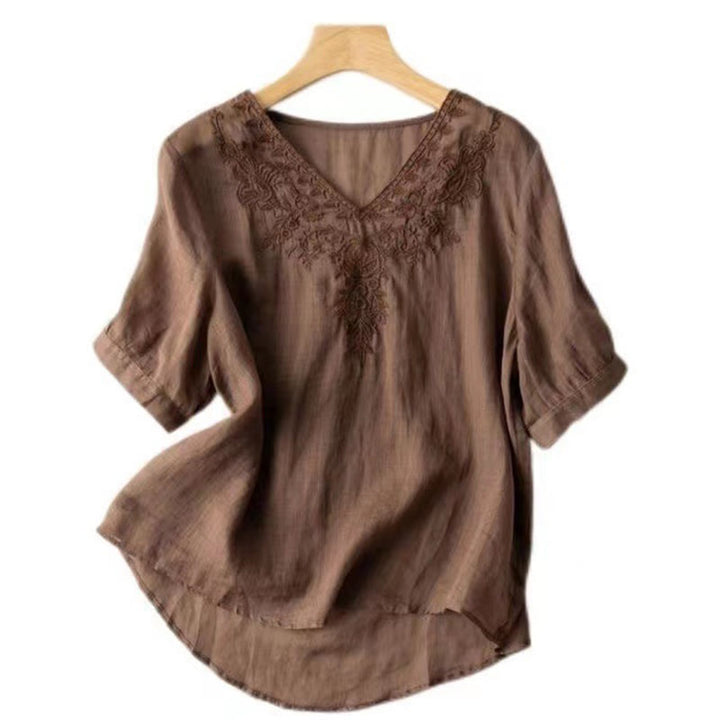 Chemise décontractée en coton à manches mi-longues et col en V pour femme avec broderie florale et Buddha Stones
