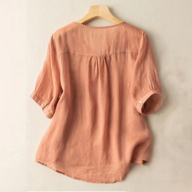 Chemise décontractée en coton à manches mi-longues et col en V pour femme avec broderie florale et Buddha Stones