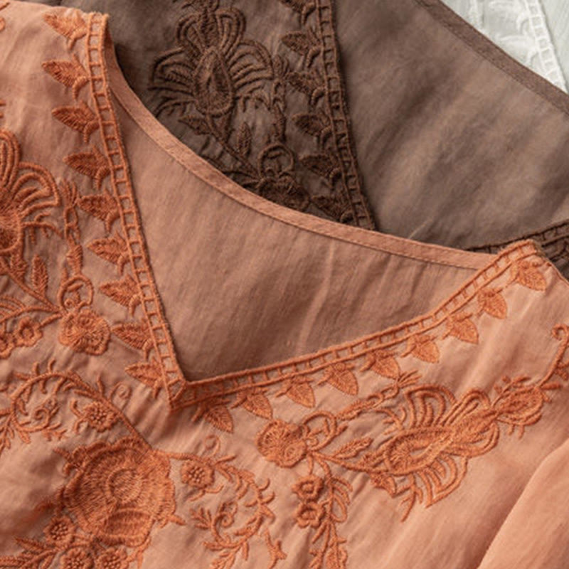 Chemise décontractée en coton à manches mi-longues et col en V pour femme avec broderie florale et Buddha Stones
