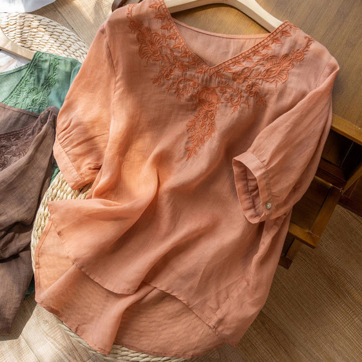 Chemise décontractée en coton à manches mi-longues et col en V pour femme avec broderie florale et Buddha Stones