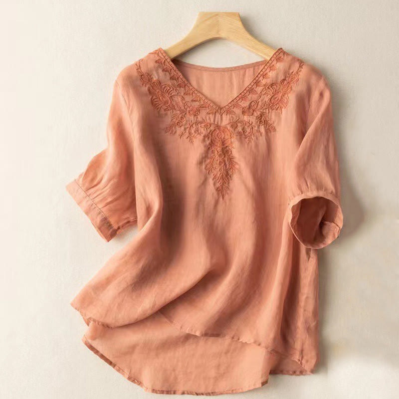Chemise décontractée en coton à manches mi-longues et col en V pour femme avec broderie florale et Buddha Stones