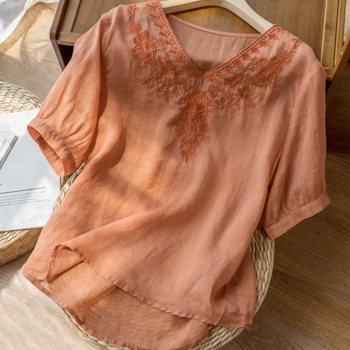 Chemise décontractée en coton à manches mi-longues et col en V pour femme avec broderie florale et Buddha Stones