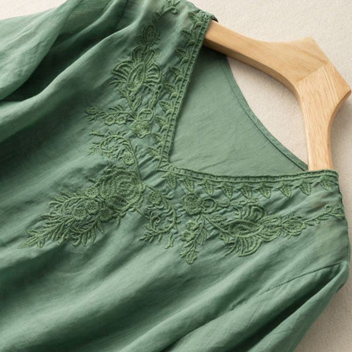 Chemise décontractée en coton à manches mi-longues et col en V pour femme avec broderie florale et Buddha Stones