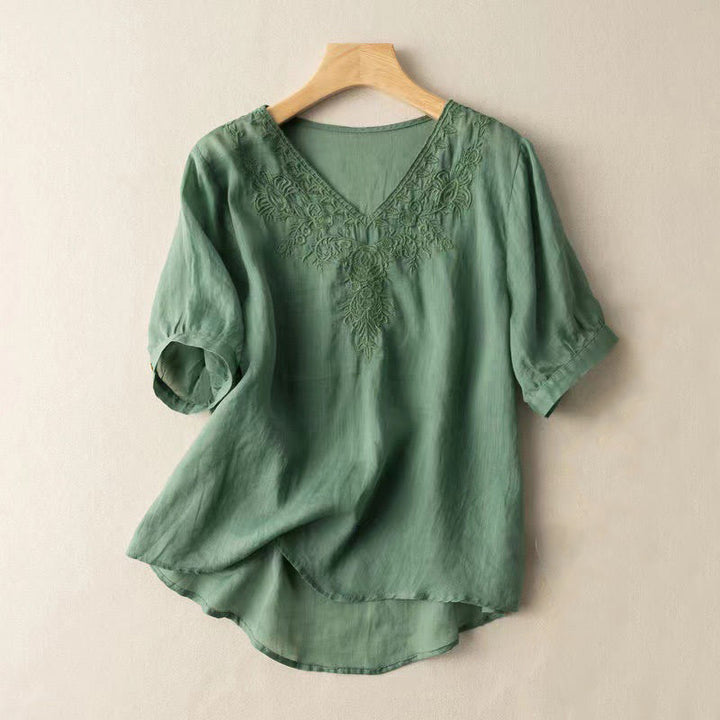 Chemise décontractée en coton à manches mi-longues et col en V pour femme avec broderie florale et Buddha Stones